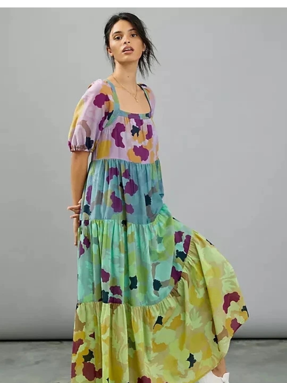 Anthropologie Caroline Silk Cotton Tiered Maxi Dress in Pastel Floral Boho XS